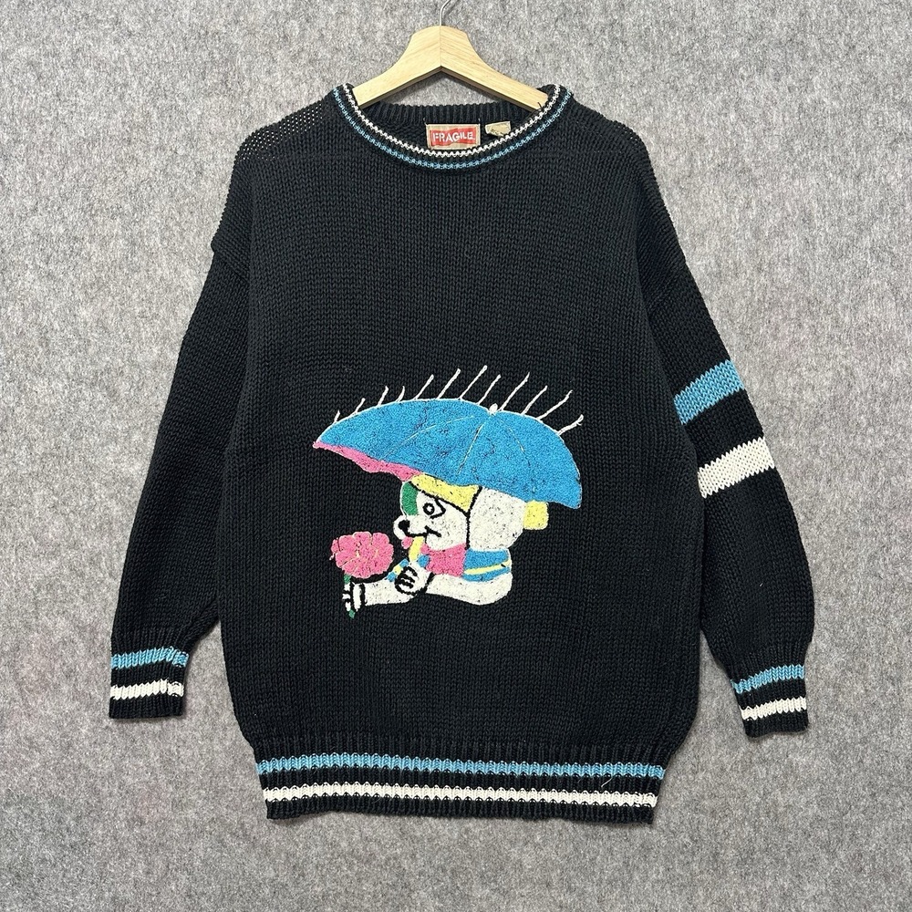 Vintage 1980s Fragile Sweater‎ Men's Sz Large Novelty Dog Umbrella Knit
